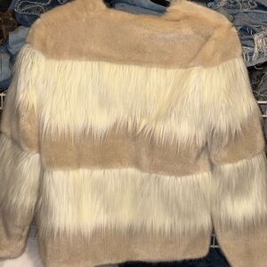 Faux Fur Striped Jacket in Cream and Tan